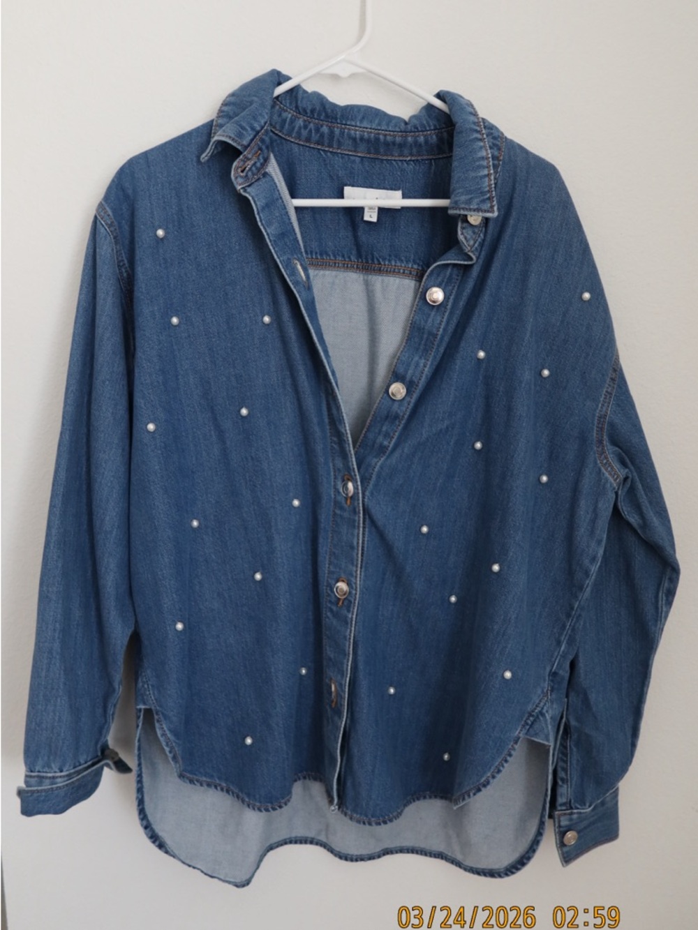 LOFT Blue Denim Button-Down Shirt with Pearl Embellishments